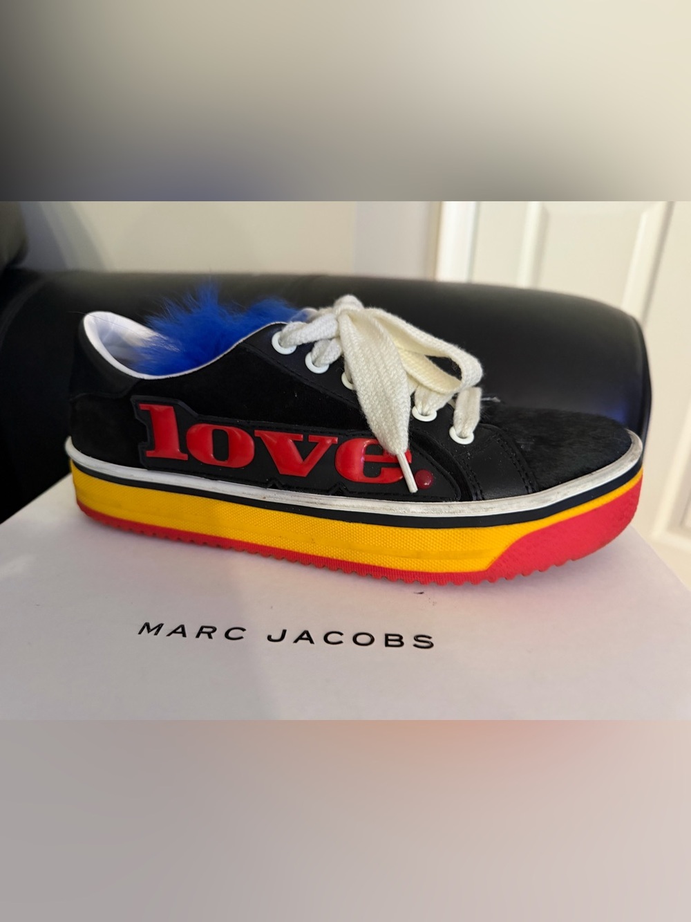 Marc Jacobs Kids Black Sneakers with Red 'love' & Yellow-Red Platform
